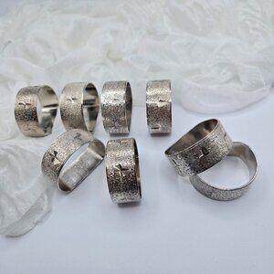 Set of 8 Vintage Silver Tone Brass Atomic Engraved Napkin Rings H of S EP Brass